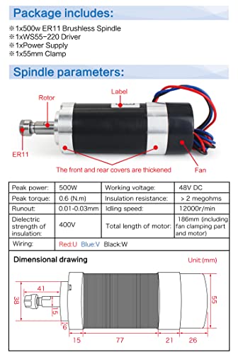 RATTMMOTOR CNC Brushless Spindle Motor Kit, 48VDC 500W Spindle Motor Air Cooled ER11, 12000RPM, 0.6N.m, 55MM+BLDC Driver Motor Speed Controller 600W RATTMMOTOR