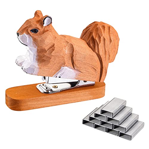 Yoption Wooden Animal Stapler, Squirrel Desktop Stitcher Handmade Wood Carving Statue Sculpture for Children School Office Stationery, Includes 1000 Yoption