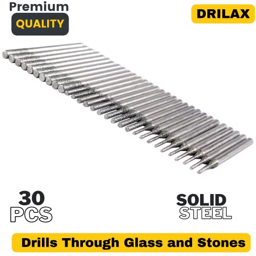 Diamond Drill Bits 1mm 2mm 3mm 30 pcs Diamond Jewelry Drill Bits for Sea Glass Shells Gem Stones Lapidary Equipment Compatible with Dremel Diamond DRILAX