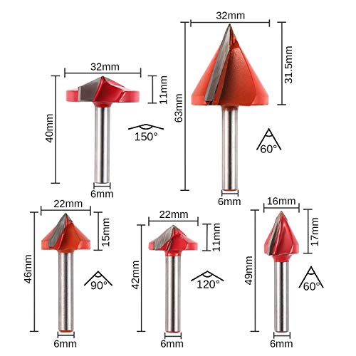 Genmitsu 5PCS V-Groove Router Bits Set, 60° 90° 120° 150° Angle, 6mm Shank, 3D V Shape Milling Wood Cutter Knife CNC Engraving Router Bit, VG05A - WoodArtSupply