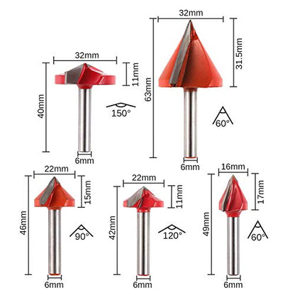 Genmitsu 5PCS V-Groove Router Bits Set, 60° 90° 120° 150° Angle, 6mm Shank, 3D V Shape Milling Wood Cutter Knife CNC Engraving Router Bit, VG05A - WoodArtSupply