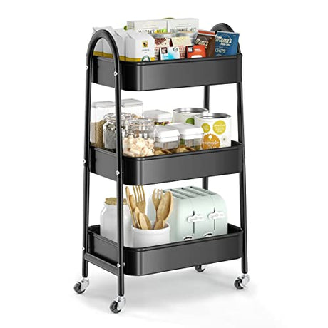 EAGMAK 3 Tier Utility Rolling Cart, Metal Storage Cart with Handle and Lockable Wheels, Multifunctional Storage Organizer Trolley with Mesh Baskets EAGMAK