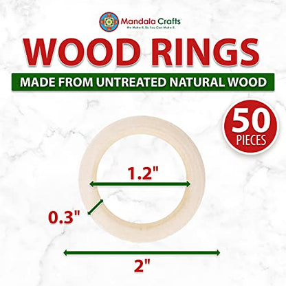 Mandala Crafts 50 5CM 2 Inch DIY Natural Wood Rings for Crafts - Macrame Wooden Rings - Unfinished Wood Rings for Macrame Rings Knitting Jewelry - WoodArtSupply