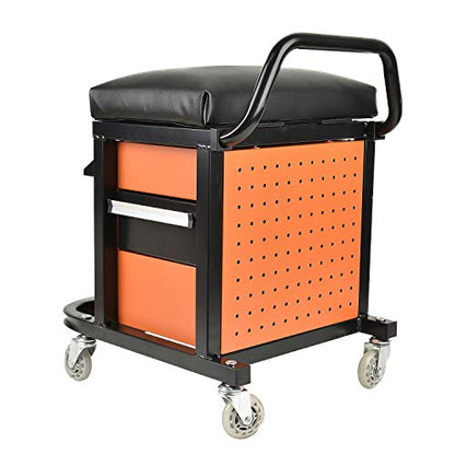 E041 Padded Creeper Seat with Onboard Storage, Rolling Tool Box Chair with Storage Rack and Drawers, Mechanics Roller Seat with Storage Drawers and - WoodArtSupply