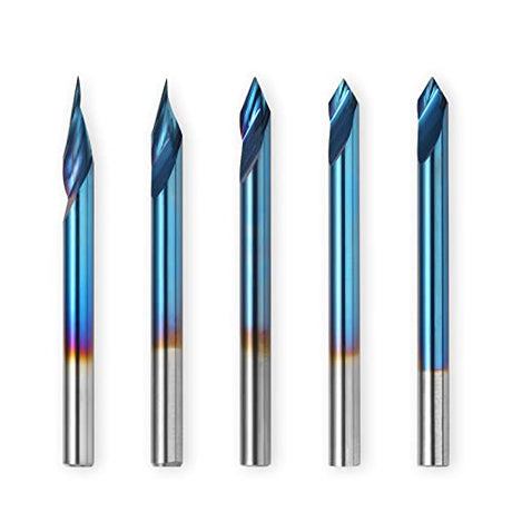Genmitsu 5PCS V-Groove CNC Router Bits, Degree 20/30/45/60, 1/8'' Shank Nano Blue Coating End Mills, for Wood Carving Milling, VG05B Genmitsu