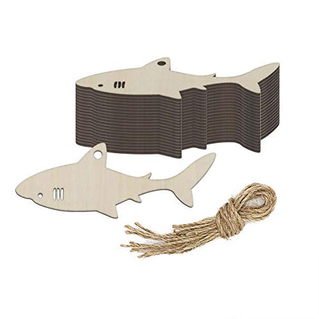 Shark Shaped Wood DIY Craft Cutout Hanging Ornaments with Hole Hemp Ropes Gift Tag Perfect for Wedding Birthday Ocean Animal Themed Party Decoration Creaides