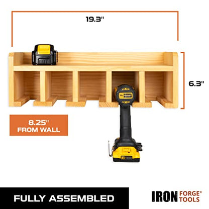 Iron Forge Tools Compact Power Tool Organizer - Fully Assembled Wood Drill Storage Rack and 5 Drill Charging Station - Great Workshop Organization