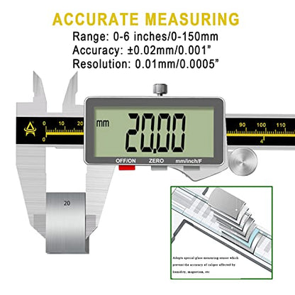 Digital Caliper,ACEMETER 0-6" Vernier Calipers Measuring Tool-Electronic Micrometer with Large LCD Screen,Metal Metric Measure Caliper for Engineer - WoodArtSupply