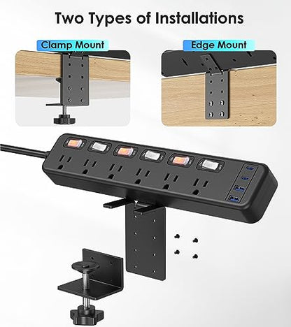 JUNNUJ Clamp Power Strip Standing Desk with 30W USB C, 2 in 1 Clip Desktop Surge Protector Edge Mount Outlet with 6 Individual Switches, Fit 2.6 inch - WoodArtSupply