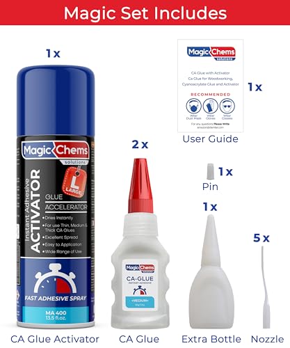 Magic Chems CA Glue with Activator (2 x 1.7 oz + 13.5 fl oz), CA Glue for Woodworking, Cyanoacrylate Glue and Activator, Super Glue for Wood (1 Pack) Magic Chems
