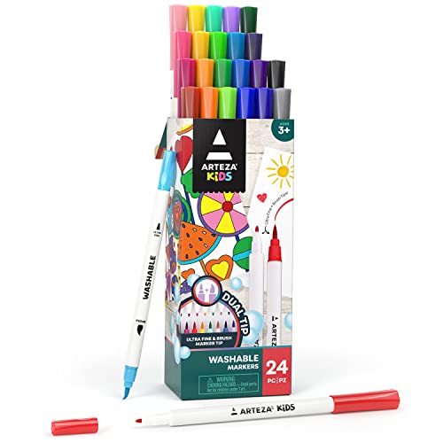 ARTEZA Kids Dual Tip Washable Markers, 24 Bright Colors, Marker Pens with Ultra Fine and Brush Tip, School Supplies for Kids Ages 3 and Up ARTEZA