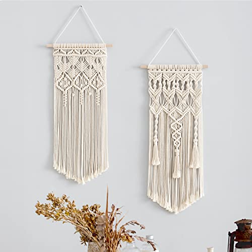 Mkono 2 Pcs Macrame Woven Wall Hanging Boho Home Chic Bohemian Geometric Art Decor - Beautiful Bedroom Nursery Apartment Decoration, Gift for Girls - WoodArtSupply