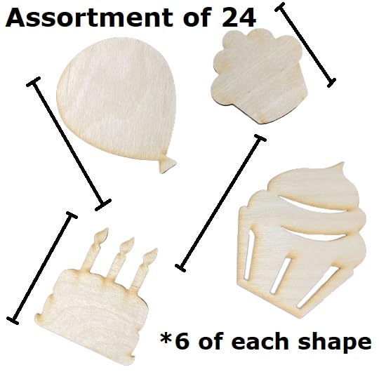 Pack of 24 Unfinished Wood Assorted Party Balloon and Cake Cutouts by Factory Direct Craft - Blank Wooden DIY Party Shapes for Scouts, Camps, Factory Direct Craft