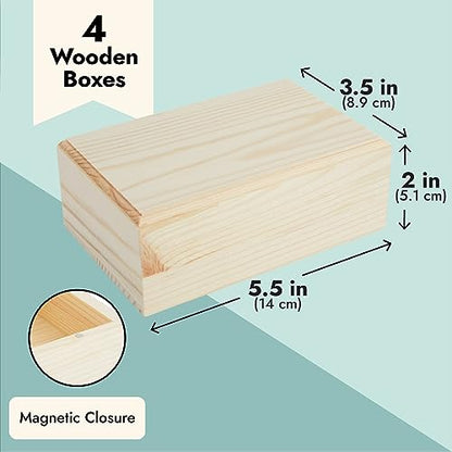 Bright Creations 4 Pack Small Unfinished Wood Boxes for Crafts with Hinged Magnetic Lid (5.5 x 3.5 x 2 In)