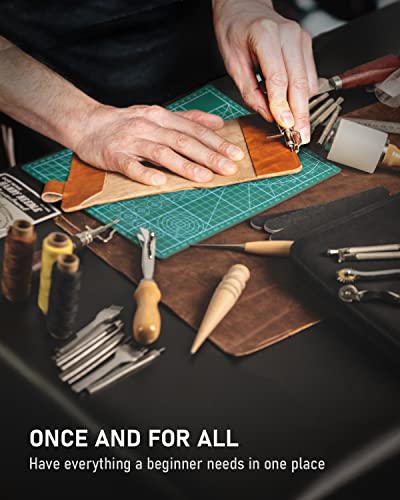 FifthQuarter Leather Tooling Kit: 58 Pcs Essential Leather Working Tools and Supplies for Starter with Guide Leather Craft Tool Kits with Organizer FifthQuarter