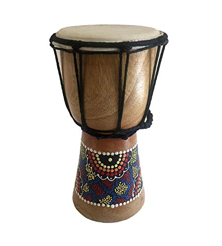 JIVE Djembe Drum African Bongo Congo Hand Drum Damaru For Kids Adults Aboriginal Dot/Carved Design Goat Skin SOLID Wood - (6" High - Painted/Carved)