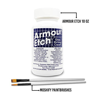 Armour Etch Glass Etching Cream Kit - Create Permanently Etched Designs - 10oz Net Weight - Bundled with Moshify Application Brushes - WoodArtSupply