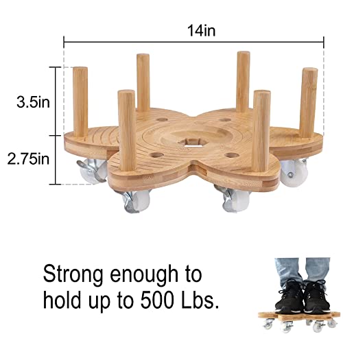 Vigordream Plant Caddy with Wheels 14" Heavy Duty Plant Rollers for Flower Pot, Bamboo Planter Dolly Holder Lockable Casters for Indoor Outdoor Vigordream
