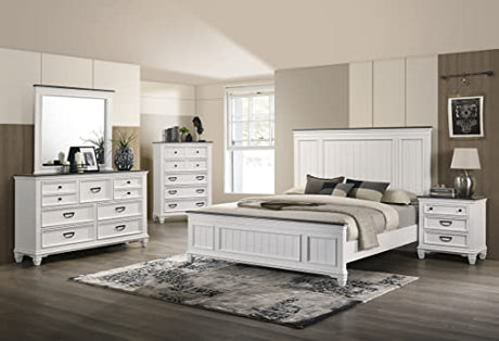 Roundhill Furniture Clelane Wood Bedroom Set with Shiplap Panel Bed, Dresser, Mirror, Two Nightstands, and Chest, Queen, Weathered White and Walnut Roundhill Furniture