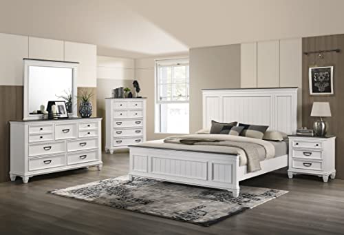Roundhill Furniture Clelane Wood Bedroom Set with Shiplap Panel Bed, Dresser, Mirror, Two Nightstands, and Chest, King, Weathered White and Walnut Roundhill Furniture