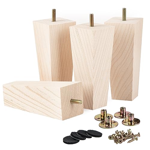 4 inch Unfinished Ash Wood Furniture Legs, LAVANE Set of 4 Mid-Century Modern Pyramid Wooden Replacement Feet with Pre-Drilled 5/16 Inch Bolt & La Vane