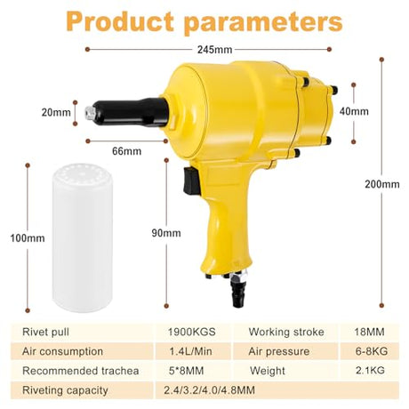 Consfly Pneumatic Rivet Gun, Dual Cylinder Design Air Riveter, 3/32", 1/8", 5/32", 3/16" and 1/4" Capacity, Stronger Pulling Force, Heavy Duty Pop Consfly