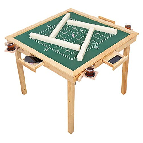 GSANEI Mahjong Folding Table with Drawers,Wood Square 4 Player Domino Card Game Table with Green Felt and Cup Holders for Table, Board Game, Camping GSANEI