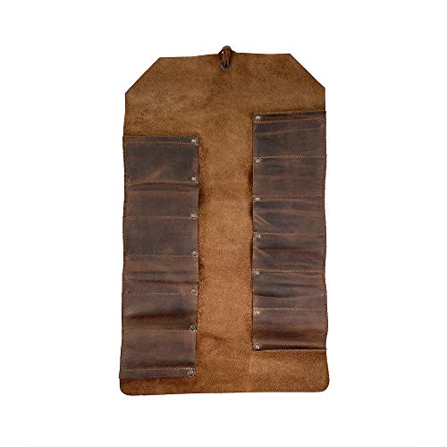Hide & Drink, Big Tool Roll-Up Bag with 12 Slots, Workshop Storage, Woodworking Tools Organizer, Rustic Case, Full Grain Leather, Handmade, Bourbon Hide & Drink