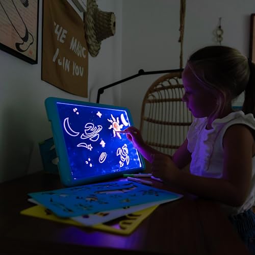 Discovery Neon Glow Drawing Easel w/ 6 Color Markers & 3 Tracing Stencils, Built-in Kickstand/Wall Mount, 5 Light Modes, Easy Clean/Washable, Wide