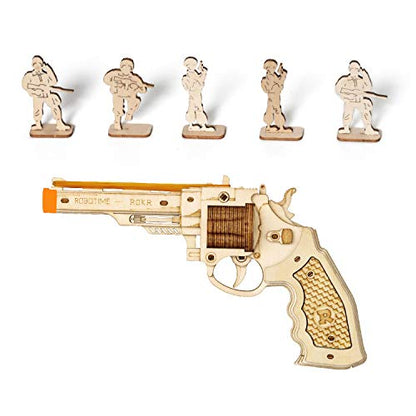 3D Wooden Puzzles Rubber Band Gun Model Craft Kit Unique Gift Mechanical Model Brain Teaser (Revolver Toy)