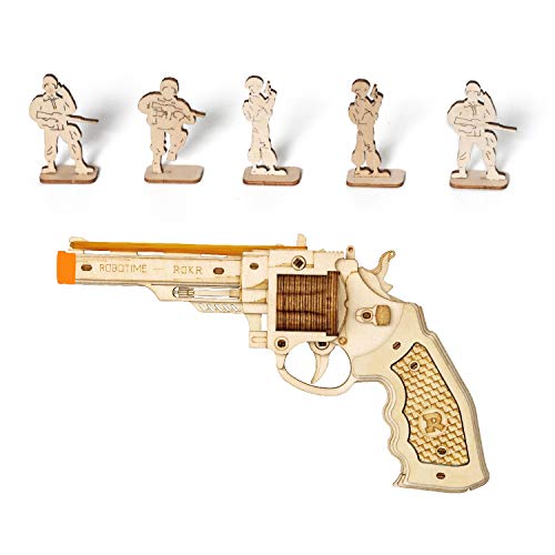 3D Wooden Puzzles Rubber Band Gun Model Craft Kit Unique Gift Mechanical Model Brain Teaser (Revolver Toy) ROKR