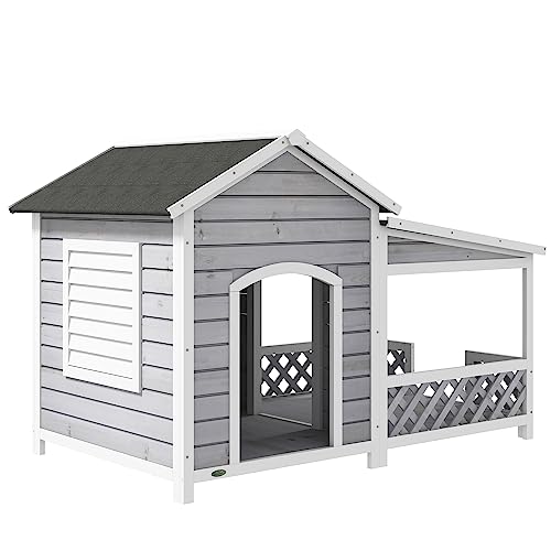 PawHut Wooden Dog House Outdoor with Porch, Cabin Style Raised Dog Shelter with Asphalt Roof, Doors, and Shutter Window, for Medium Large Sized Dog, PawHut