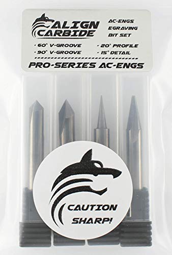 Align Carbide 4-Piece Engraving Set, CNC Wood Carving Router Bits, 60° & 90° V-Groove, 20° Profile - Flat Tip, 15° Detail Carving Liner, All 1/4 Inch