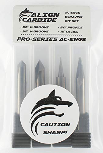 Align Carbide 4-Piece Engraving Set, CNC Wood Carving Router Bits, 60° & 90° V-Groove, 20° Profile - Flat Tip, 15° Detail Carving Liner, All 1/4 Inch ALIGN CARBIDE