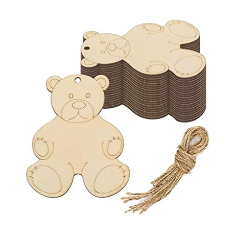 20pcs Bear Wood DIY Crafts Cutouts Wooden Bear Shaped Hanging Ornaments with Hole Hemp Ropes Gift Tags for DIY Projects Birthday Christmas Party Creaides