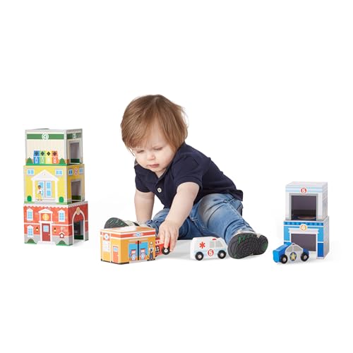 Melissa & Doug Nesting and Sorting Blocks - 6 Buildings, 6 Wooden Vehicles - Numbers Learning, Car Garage, Sorting And Stacking Toys For Toddlers Melissa & Doug