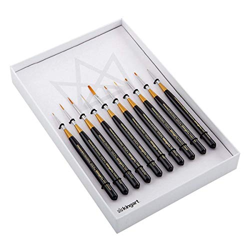 KINGART Original Gold Miniature Detail Series, Comfort Handle, Premium Golden Taklon, Multimedia Artist Brushes, Gift Box, Set of 10, Acrylic Handle, KINGART