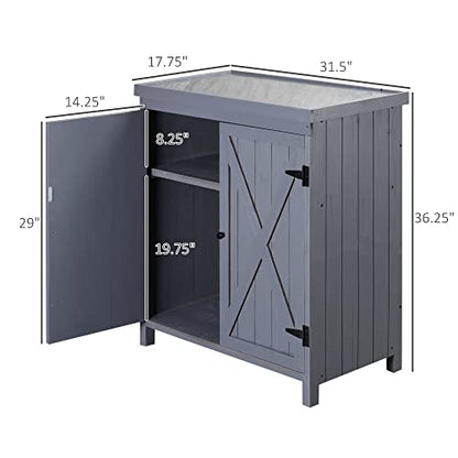 Outsunny Garden Storage Cabinet, Outdoor Tool Shed with Galvanized Top and Two Shelves for Yard Tools or Pool Accessories, Grey