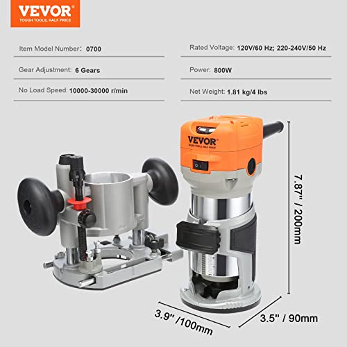 VEVOR Wood Router, 1.25HP 800W, Compact Wood Trimmer Router Combo Tool with Plunge and Fixed Base, 30000RPM 6 Variable Speeds, with 1/4'' & 5/16''