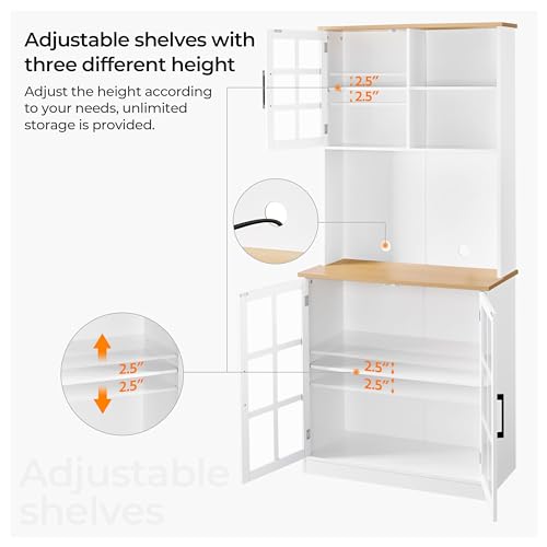 Yaheetech Kitchen Pantry Storage Cabinet with Hutch, 72'' Freestanding Buffet Cupboard with Large Countertop & Glass Doors & Adjustable Shelves, Yaheetech