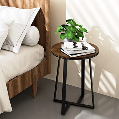Dorriss Round End Tables, Small Side Table Walnut Color MDF Top,Metal Frame Black, Tall End Table for Bed Room,Coffee Tea End Table for Living