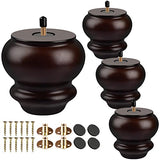 TCHOSUZ 3 inch / 8cm Wooden Furniture Legs, Pack of 4 Classic Walnut Solid Wood Turned DIY Replacement Bun Feet with M8 Hanger Bolts & T-Nuts for TCHOSUZ
