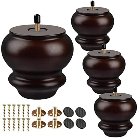 TCHOSUZ 3 inch / 8cm Wooden Furniture Legs, Pack of 4 Classic Walnut Solid Wood Turned DIY Replacement Bun Feet with M8 Hanger Bolts & T-Nuts for TCHOSUZ