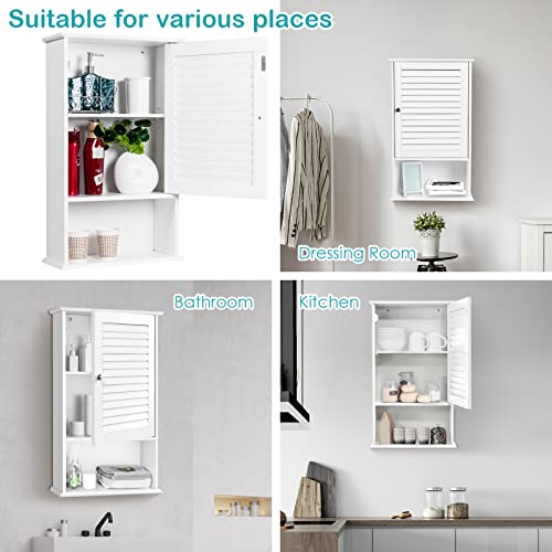 COSTWAY Bathroom Wall Cabinet, Large Capacity Storage Cabinet w/Single Louver Door & Height Adjustable Shelf, Wood Wall Mounted Medicine Cabinet for COSTWAY