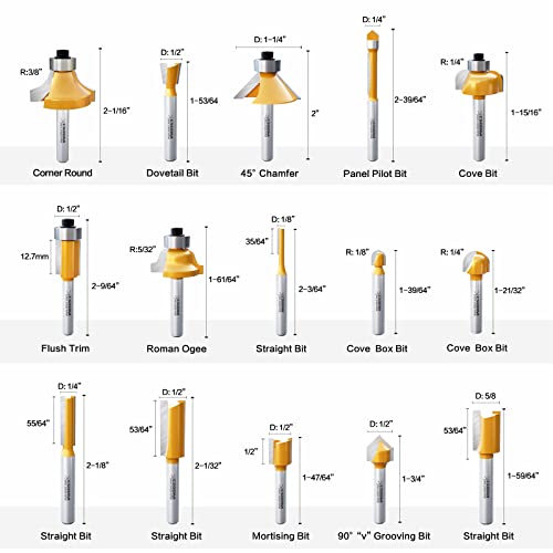 CSOOM Upgrade 15 Pieces Router Bits ,Tungsten Carbide Router Bit Set, 1/4 inch Shank,High Durability Woodworking on Wood of - WoodArtSupply