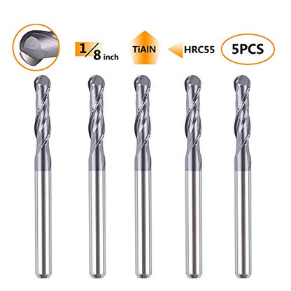 SpeTool 5Pcs Carbide Ball Nose CNC Router Bits 1/8" Cutting Diameter Milling Tool HRC55, 1/8" Shank UpCut Spiral End Mill - WoodArtSupply