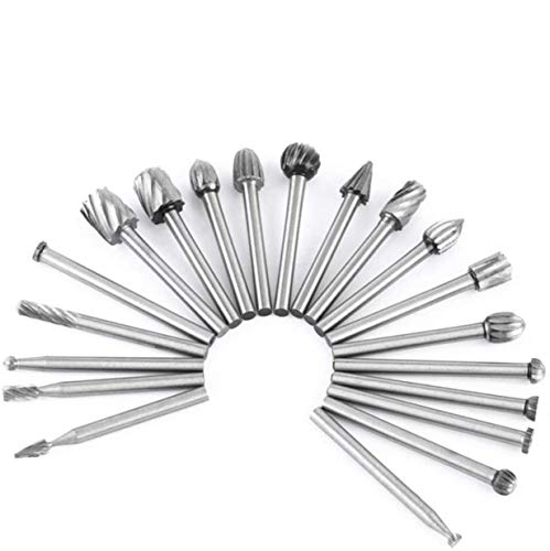 Tungsten Carbide HSS Rotary Burr Set - APlus 20pcs Wood Carving Drill Bits Set with 3mm 1/8 inch Shank for DIY Woodworking, Carving, Engraving, APlus