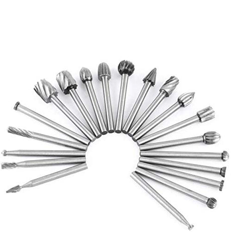 Tungsten Carbide HSS Rotary Burr Set - APlus 20pcs Wood Carving Drill Bits Set with 3mm 1/8 inch Shank for DIY Woodworking, Carving, Engraving, APlus