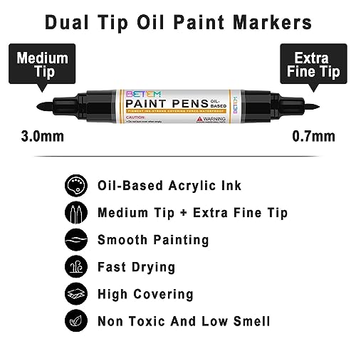 Betem 4 Count Dual Tip Oil Based White Black Paint Markers Paint Pens(0.7mm & 3mm), Permanent Paint Marker, Waterproof, Quick Dry, for Rock Painting, Betem