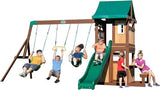 Backyard Discovery Lakewood Cedar Wood Swing Set, Covered Upper Deck with White Trim Window, Slide with Rails, Lower Fort Area with Door and Attached Backyard Discovery
